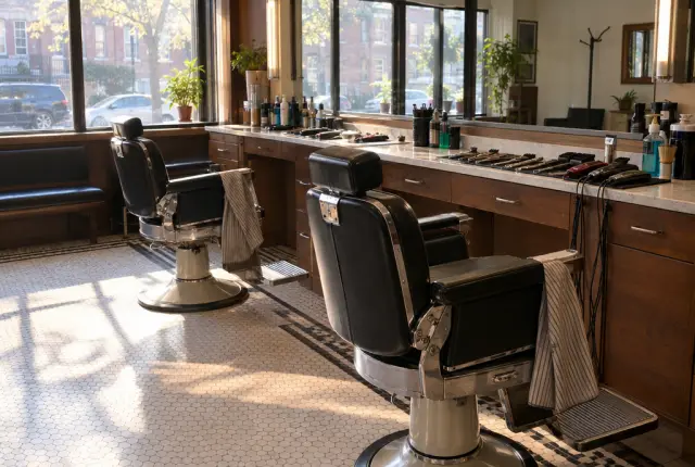 Two empty barber chairs by a sunny window in a neighborhood barbershop
