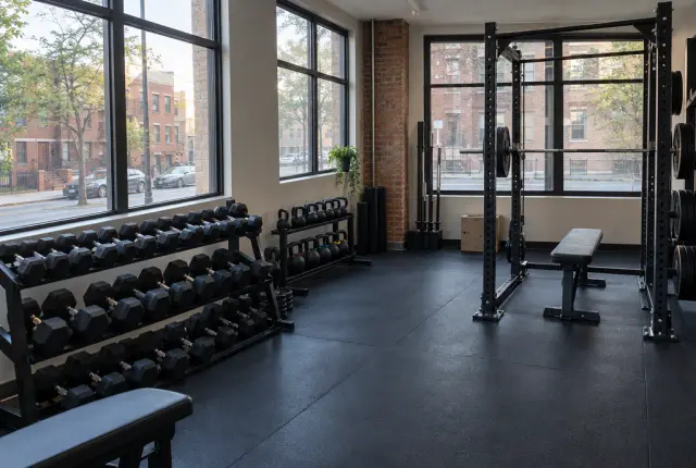 Dumbbell racks and a squat rack in an empty neighborhood gym