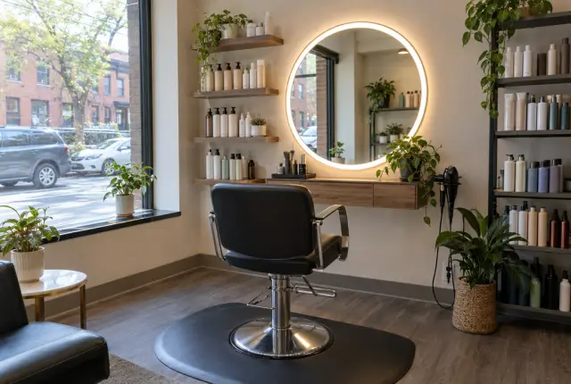 A styling chair facing a lit round mirror in a small salon