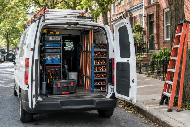 An open work van packed with tools and copper pipe on a street of brick row houses